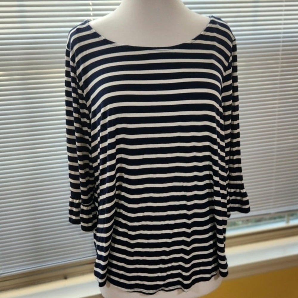 Green Envelope $78 1X Navy White Stripe Ruffle Cuff Stretch Knit‎ USA Made Tunic